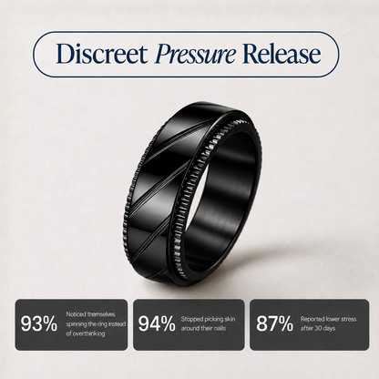 A black metallic spinning ring from Anxiety Rings Australia with a textured, grooved interior design, shown on a light beige background with marketing text and three statistic panels at the bottom.