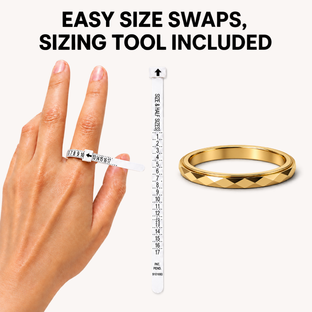 A gold spinning ring from Anxiety Rings Australia shown beside a white ring sizer tool and a hand demonstrating how to use it, with the text 'EASY SIZE SWAPS, SIZING TOOL INCLUDED' on a light beige background.