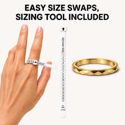 A gold spinning ring from Anxiety Rings Australia shown beside a white ring sizer tool and a hand demonstrating how to use it, with the text 'EASY SIZE SWAPS, SIZING TOOL INCLUDED' on a light beige background.