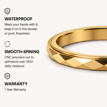 Gold-toned spinning ring from Anxiety Rings Australia band shown on a light beige background with marketing text highlighting waterproof use, smooth spining, and a 1-year warranty.