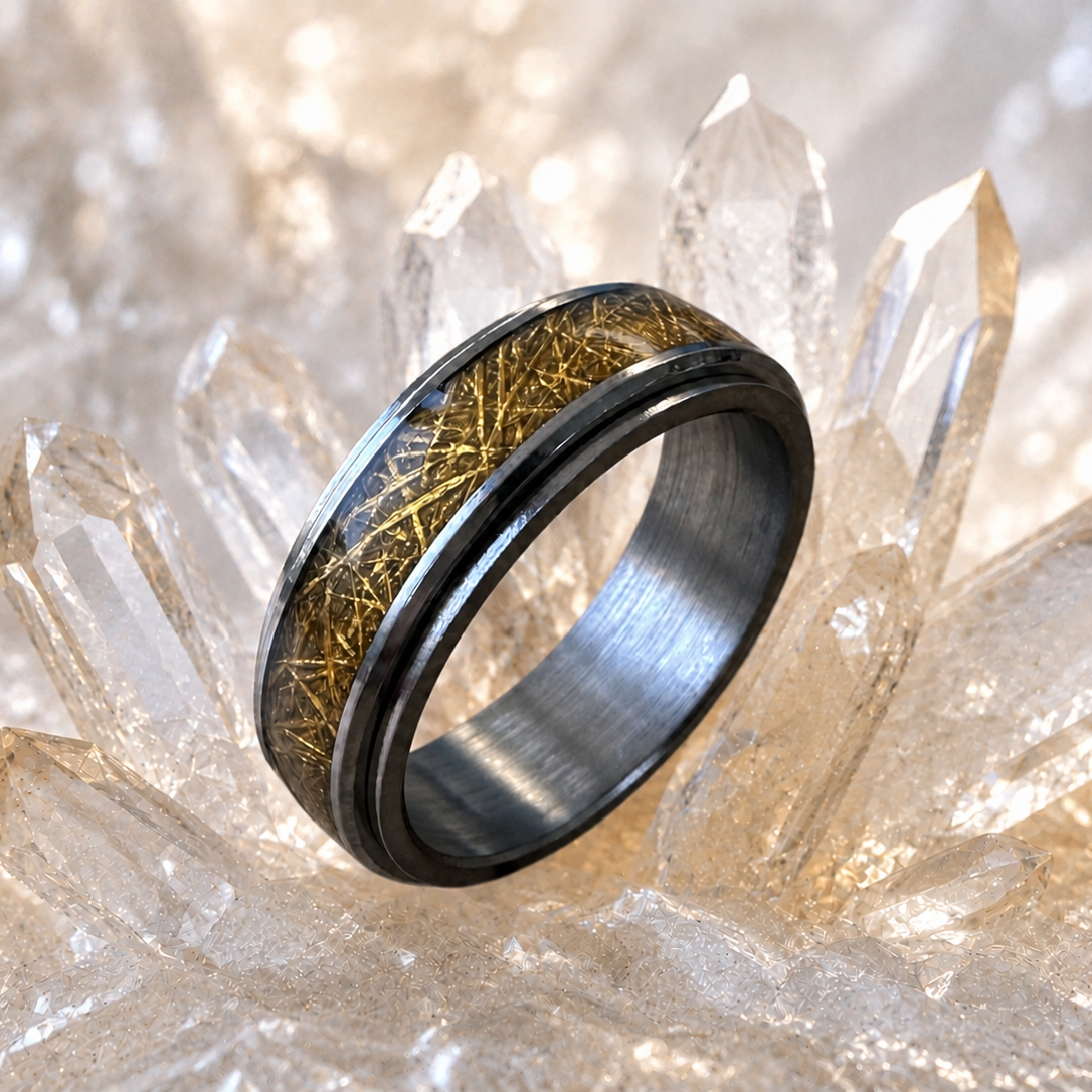 A gold and silver metallic spinning ring from Anxiety Rings Australia with a gold crystal inlay, displayed on a cluster of clear quartz crystals.