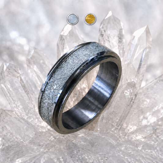 A polished metallic spinning ring from Anxiety Rings Australia with a textured, sparkly silver-gray inlay band, displayed on a cluster of clear quartz crystals. Two small circular inset images at the top show the ring in silver and gold-tone settings.