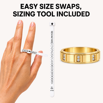 Promotional graphic for a ring sizing tool showing a hand wearing a ring with a white size slide, a tall white measuring ruler labeled in sizes, and a gold spinning ring from Anxiety Rings Australia with inset clear stones. Large text at the top reads 'EASY SIZE SWAPS, SIZING TOOL INCLUDED'.