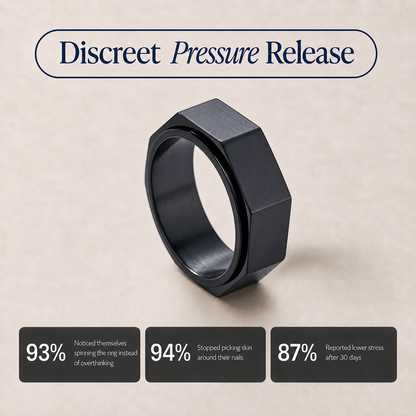 A matte black hexagonal spinning ring from Anxiety Rings Australia with a discreet pressure-release design, shown on a textured beige background with promotional text and three benefit cards below.