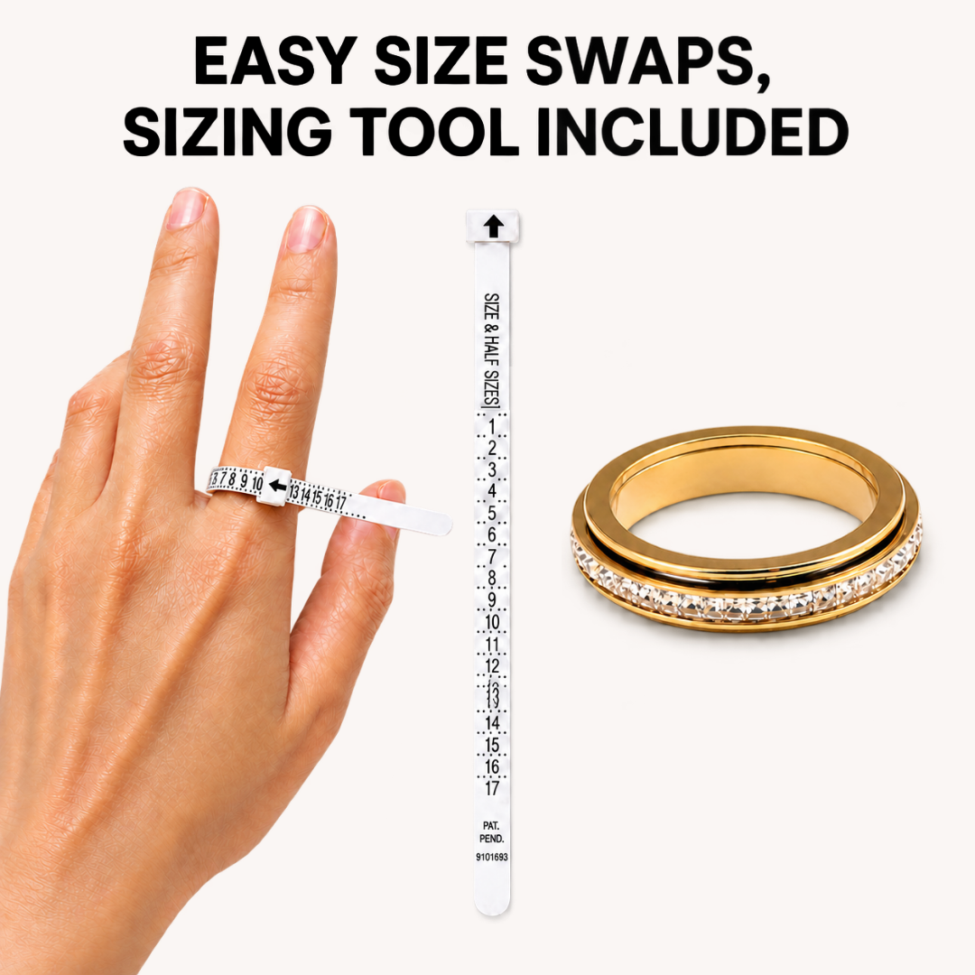 Ring sizer tool and size guide shown with a hand wearing a ring and a gold spinner ring from Anxiety Rings Australia with a row of clear stones, on a light beige background with the text 'EASY SIZE SWAPS, SIZING TOOL INCLUDED'.
