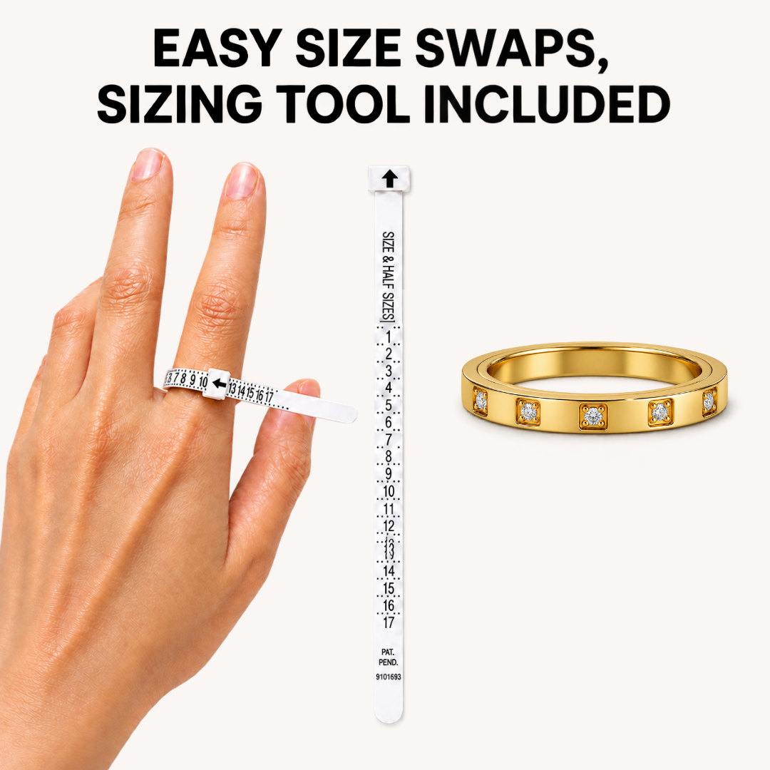 Jewelry size guide graphic with a hand wearing a ring on one finger, a white ring sizer tool in the center, and a gold spinning ring from Anxiety Rings Australia with small clear stones on the right. Large text at the top reads 'EASY SIZE SWAPS, SIZING TOOL INCLUDED'.