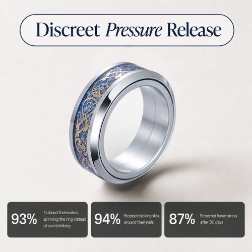 A silver-toned spinning ring from Anxiety RIngs Australia with an intricate blue and gold Celtic knot design on the outer band, displayed on a light beige background with marketing text and feature callouts.