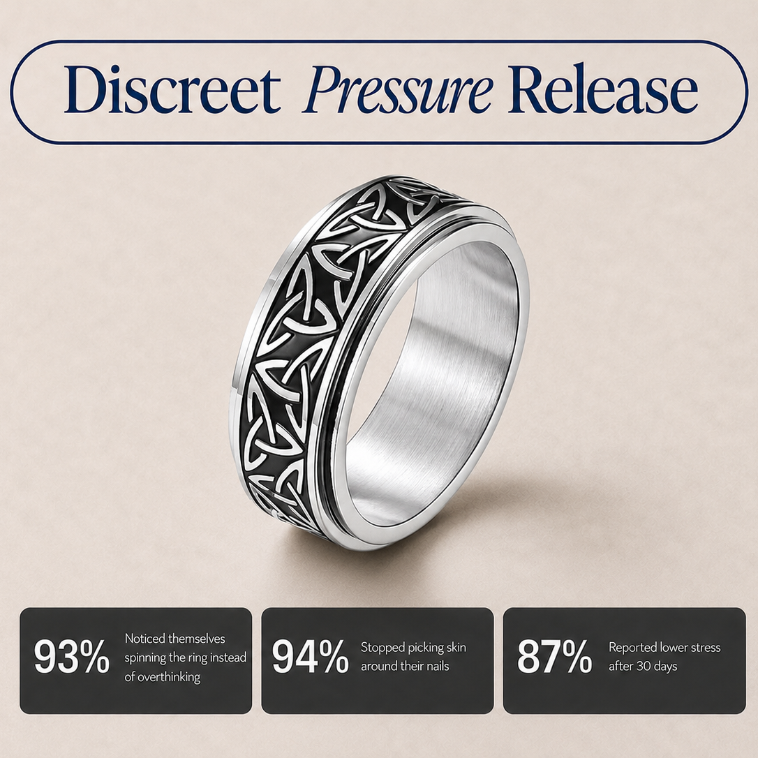 A silver-toned spinning ring from Anxiety Rings Australia with a black Celtic knot pattern on the outer band, shown on a beige background with marketing text reading 'Discreet Pressure Release' and three dark feature callouts below.