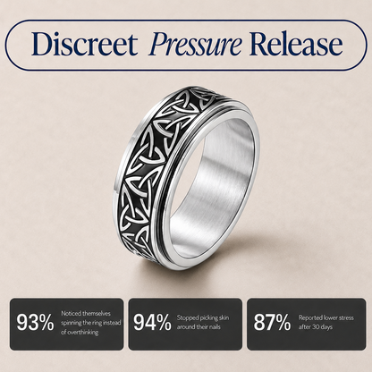 A silver-toned spinning ring from Anxiety Rings Australia with a black Celtic knot pattern on the outer band, shown on a beige background with marketing text reading 'Discreet Pressure Release' and three dark feature callouts below.
