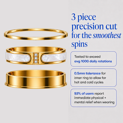 Three gold spinning ring from Anxiety Rings Australia with white inlay details are shown on a light gray background with promotional text in blue and white boxes describing precision cutting, smooth spinning, and user benefits.