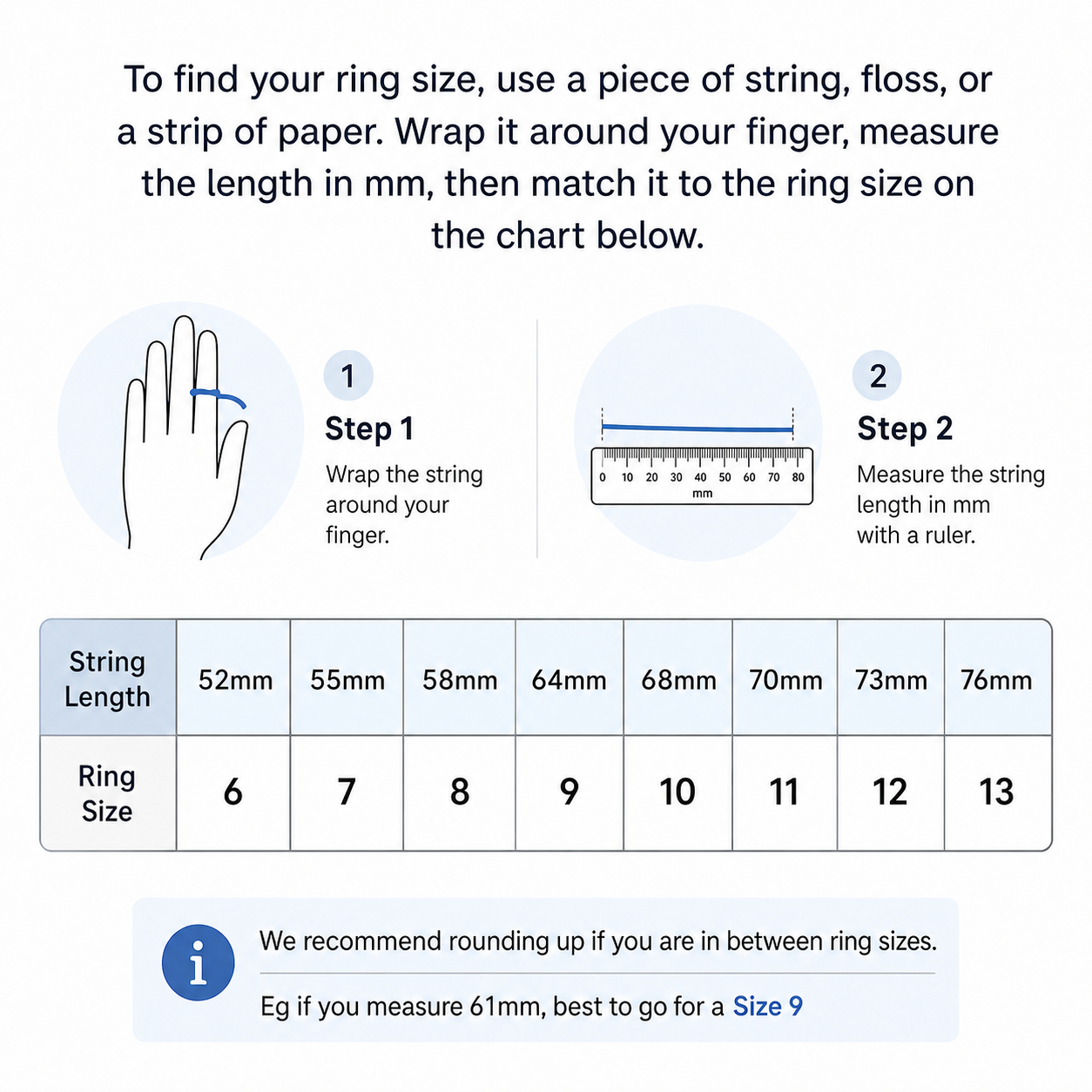 Instructional chart for measuring spinning ring from Anxiety RIngs Australia size using a string, floss, or paper strip around a finger, with a size reference table showing string lengths from 52mm to 76mm and corresponding ring sizes 6 to 13.