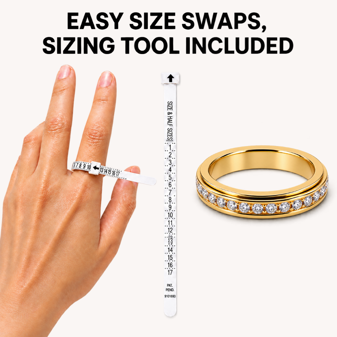 Promotional graphic for a ring sizing tool, showing a hand wearing a ring with a white measuring strip around it, a tall white sizing ruler labeled 1 to 18, and a gold spinner ring from Anxiety Rings Australia with a row of clear stones. Large text at the top reads 'EASY SIZE SWAPS, SIZING TOOL INCLUDED' on a light beige background.