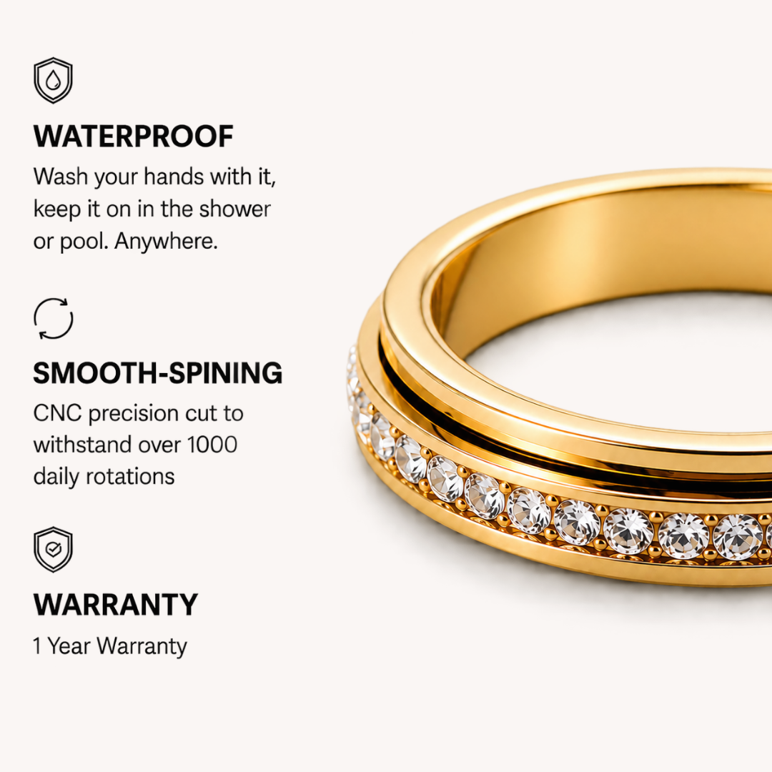 A gold spinner ring from Anxiety Rings Australia with a row of clear stones shown on a light beige background with marketing text highlighting waterproof, smooth-spining, and warranty features.