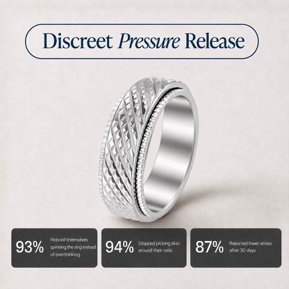A silver-toned discreet pressure release A silver-toned textured spinning ring from Anxiety Rings Australia with a diamond-patterned band and a beaded inner edge, displayed on a dark textured scale-like surface. with a textured diamond-patterned outer band and a smooth inner band, shown on a light beige background with marketing text and three dark gray statistic panels at the bottom.