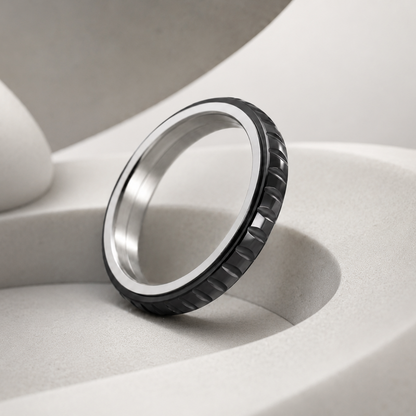 A close-up of a metallic spinning ring from Anxiety Rings Australia with a textured black outer band, resting on a smooth, curved light gray surface.