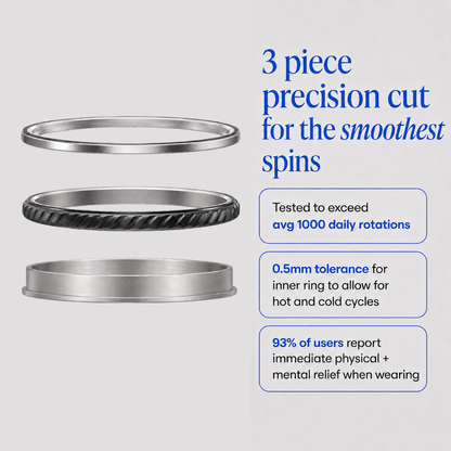 Three metallic spinning ring from Anxiety Rings Australia components shown stacked vertically on a light gray background, with blue marketing text describing precision cutting and benefits for smooth spins and reduced anxiety.