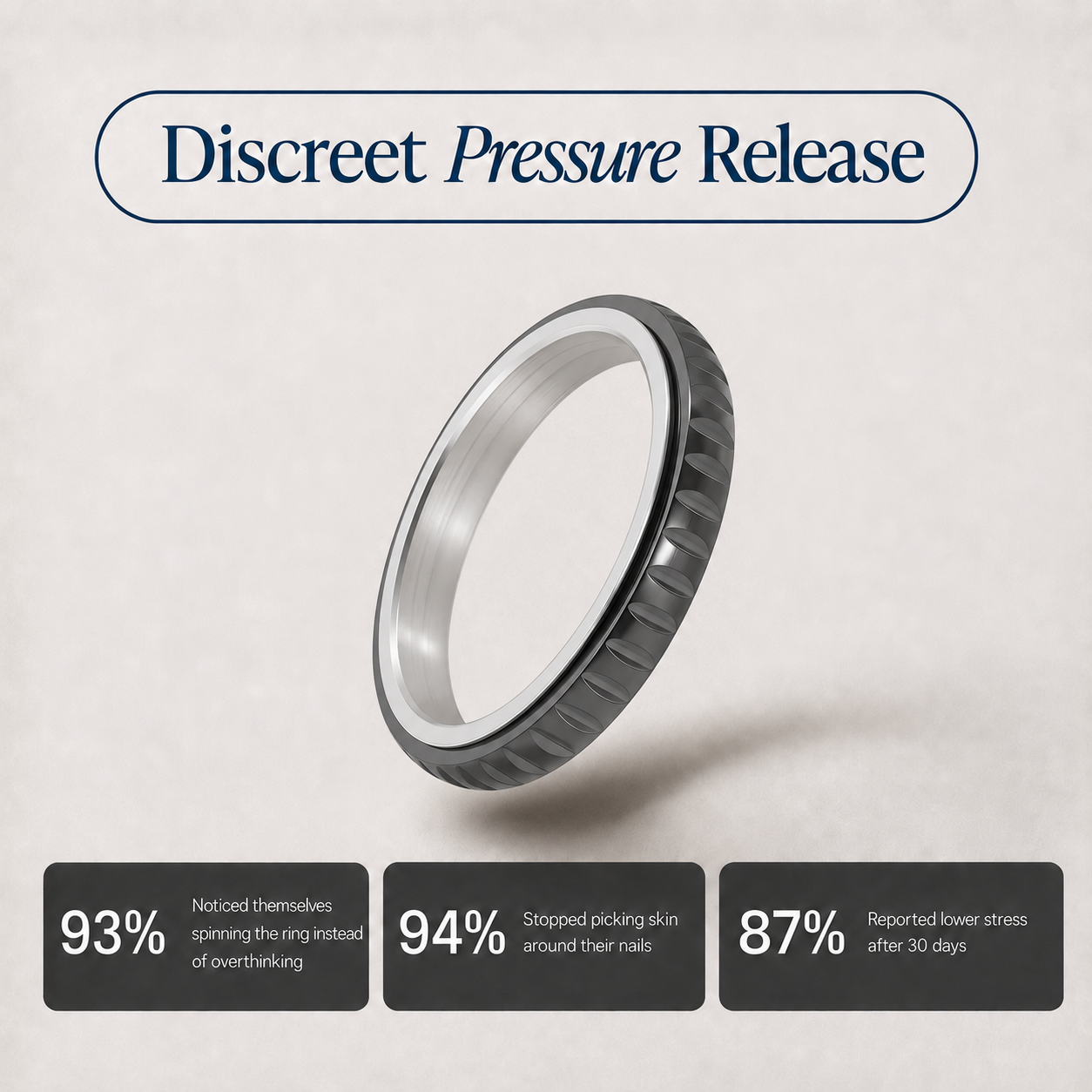 A metallic spinning ring from Anxiety Rings Australia with a textured dark exterior and polished silver interior, shown floating on a light beige background with the headline 'Discreet Pressure Release' and three benefit callouts below.