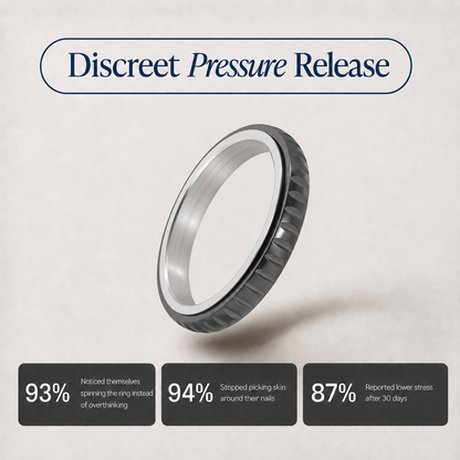 A metallic spinning ring from Anxiety Rings Australia with a textured dark exterior and polished silver interior, shown floating on a light beige background with the headline 'Discreet Pressure Release' and three benefit callouts below.