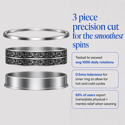 Three stacked silver-toned spinning ring from Anxiety Rings Australia with a black ornamental pattern on the middle ring, shown on a light gray background with blue marketing text about precision cutting, daily rotations, tolerance, and user reports.
