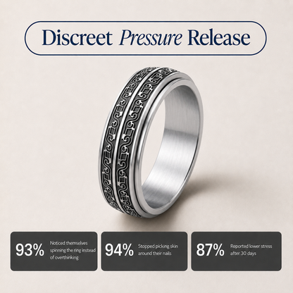 A silver-toned discreet pressure release spinning ring from Anxiety Rings Australia with black engraved patterns, displayed on a light beige background with marketing text and three dark gray statistic panels at the bottom.