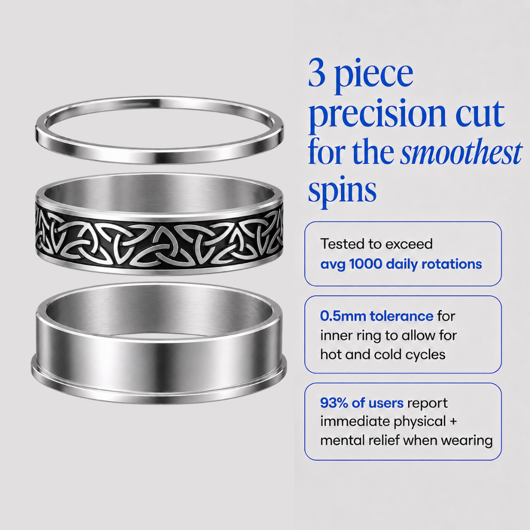 Three-piece stainless steel spinning ring from Anxiety Rings Australia set with a polished silver finish, featuring a black Celtic knot pattern on the middle band. The image includes descriptive text and feature callouts on a light gray background.