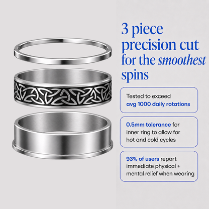 Three-piece stainless steel spinning ring from Anxiety Rings Australia set with a polished silver finish, featuring a black Celtic knot pattern on the middle band. The image includes descriptive text and feature callouts on a light gray background.