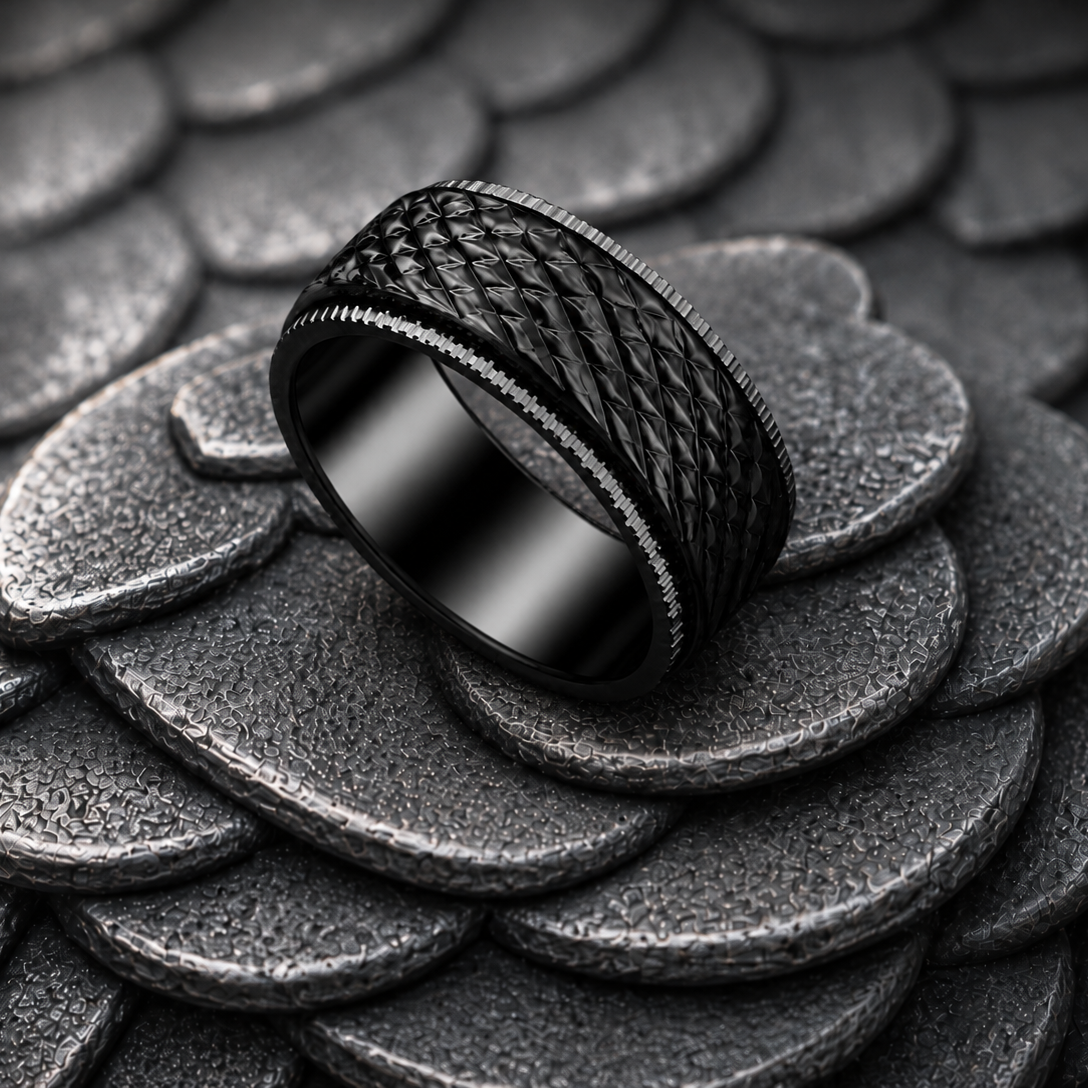 A black textured band A silver-toned textured spinning ring from Anxiety Rings Australia with a diamond-patterned band and a beaded inner edge, displayed on a dark textured scale-like surface. with a woven basketweave pattern and a beaded edge, resting on a stack of textured dark gray coins.