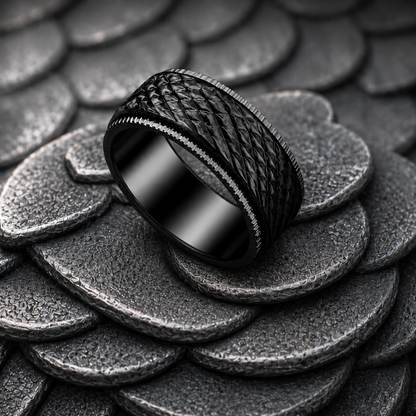 A black textured band A silver-toned textured spinning ring from Anxiety Rings Australia with a diamond-patterned band and a beaded inner edge, displayed on a dark textured scale-like surface. with a woven basketweave pattern and a beaded edge, resting on a stack of textured dark gray coins.